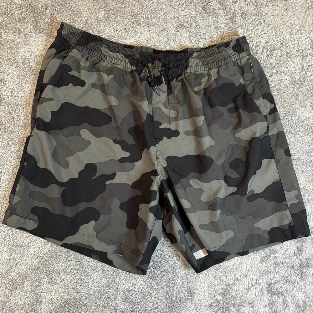 Old Navy Active Mens Camo Athletic Shorts Gray Black Camouflage L Zipper Pocket